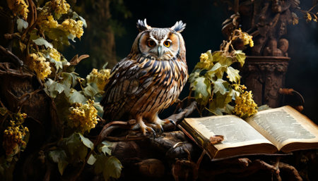 Majestic owl perched next to open book in forestの素材