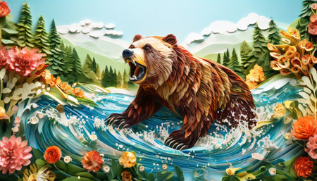 Artistic depiction of a roaring bear in a vibrant forest sceneの素材