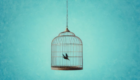Bird in a cage with turquoise backgroundの素材