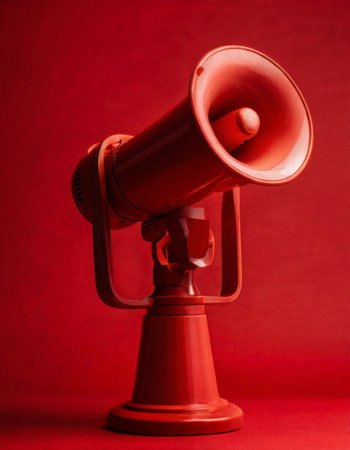 Retro red megaphone on vibrant red backgroundの素材