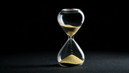 Classic hourglass with flowing sand on black backgroundの素材