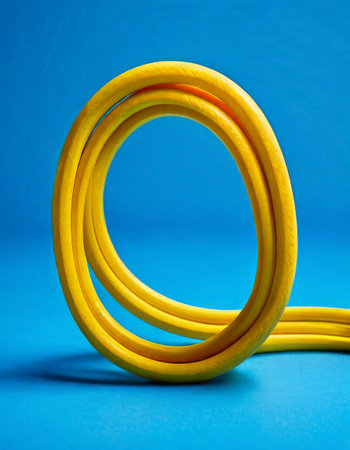 Coiled yellow cable on vibrant blue backgroundの素材
