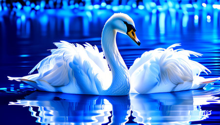 Majestic swan gliding on blue reflective waterの素材
