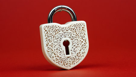 Ornate white padlock on red backgroundの素材