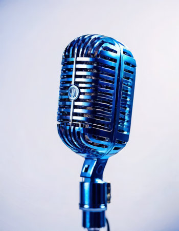 Vintage blue microphone on white backgroundの素材