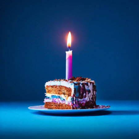 Slice of Birthday Cake with Candle on Blue Backgroundの素材