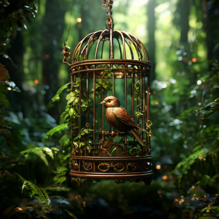 Bird in ornate cage in lush forestの素材