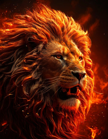 Majestic lion with a fiery mane in dramatic lightingの素材