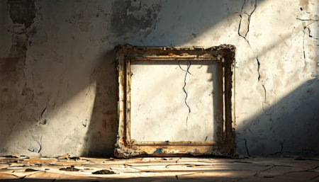 Empty vintage picture frame in a dilapidated roomの素材