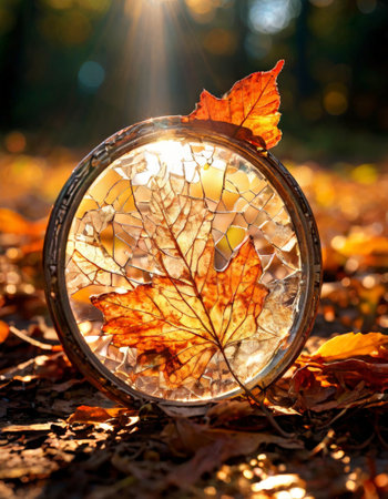 Autumn leaf in cracked glass reflecting sunlight in forestの素材