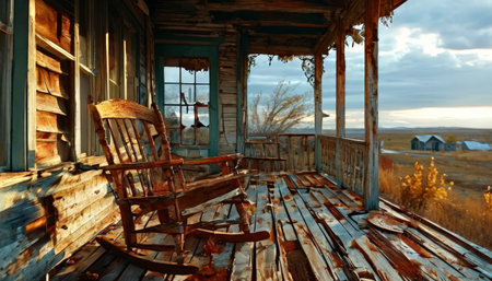 Weathered rocking chair on abandoned porch at sunsetの素材