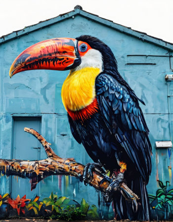 Vibrant toucan mural on urban wallの素材