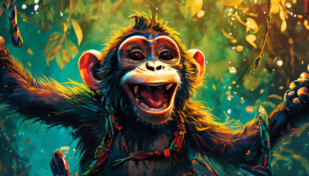 Joyful chimpanzee swinging through jungle foliageの素材