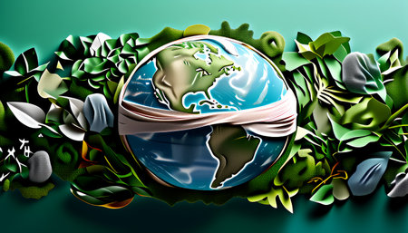 Earth surrounded by green foliage with a blindfoldの素材