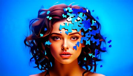 Woman with puzzle pieces flying from her headの素材