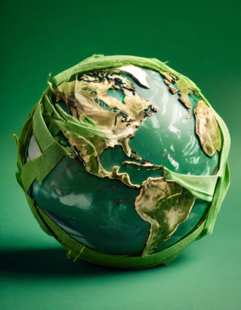 Earth wrapped in green bandages symbolizing environmental careの素材