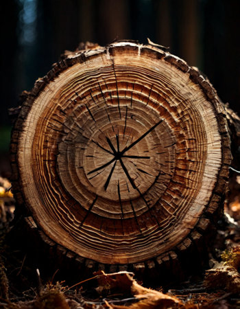 Cross-section of tree trunk with detailed ringsの素材