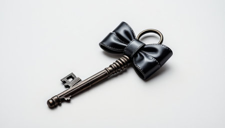 Vintage Key with Black Leather Bow on White Backgroundの素材