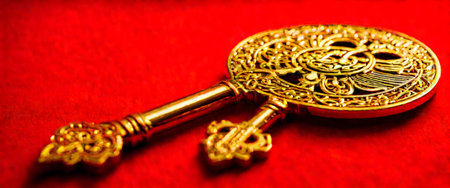 Intricate golden key on red backgroundの素材