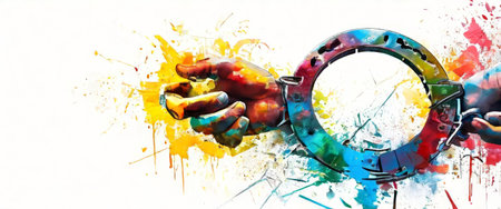 Colorful handcuffs with paint splatters on whiteの素材