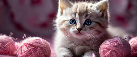 Adorable kitten with blue eyes and pink yarn ballsの素材