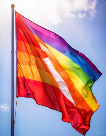 Vibrant rainbow pride flag waving against blue skyの素材