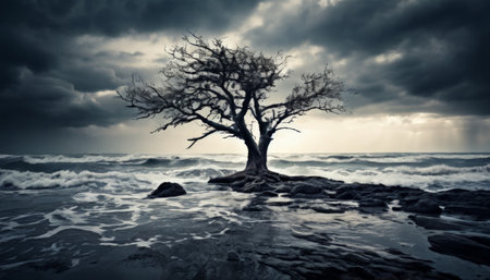 Lone tree on a rocky shore against a stormy sky at the seaの素材