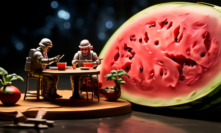 Miniature astronauts dining beside a giant watermelon sliceの素材