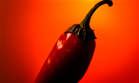 Close-up of a single red chili pepper on vibrant backgroundの素材