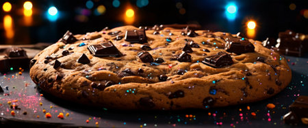 Large chocolate chip cookie with vibrant background lightsの素材