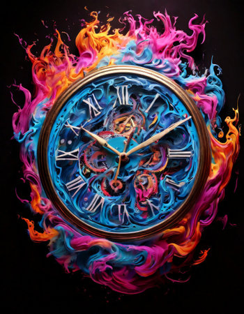 Fiery clock with vibrant flames on dark backgroundの素材