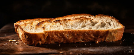 Rustic slice of artisan bread on a wooden table with dark backgroundの素材