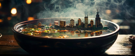 Steaming soup with cityscape illusion in a bowlの素材
