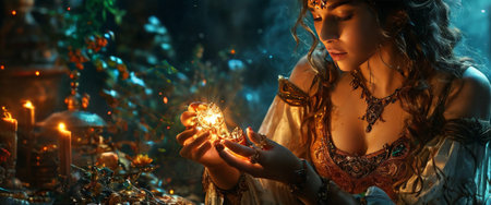 Woman holding glowing artifact in mystical forest settingの素材