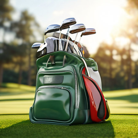 Golf bag with clubs standing on a sunny golf courseの素材