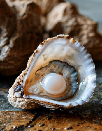 Close-up of a pearl inside a beautifully textured oyster shellの素材