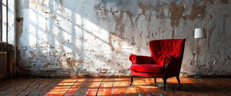 Red armchair in a rustic room with sunlight streaming inの素材