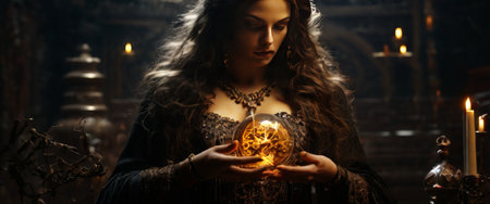 Enigmatic woman holding a glowing orb in a gothic atmosphereの素材