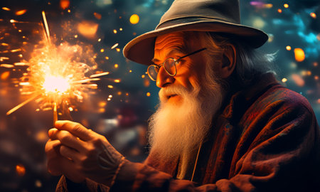 Elderly man with sparklers celebrating in a festive atmosphereの素材