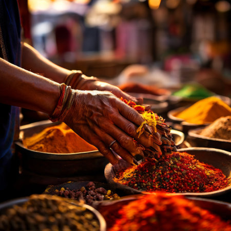 Hands selecting vibrant spices at an outdoor marketの素材