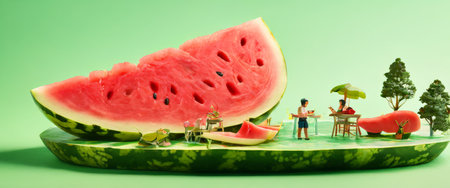 Watermelon slice with miniature people in a playful sceneの素材