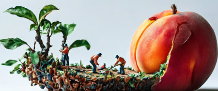 Miniature workers harvesting a peach on a surreal landscapeの素材