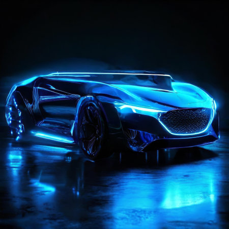Futuristic blue sports car glowing in the darkの素材