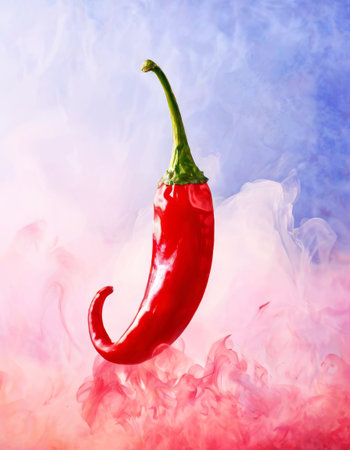 Red chili pepper surrounded by vibrant colored smokeの素材