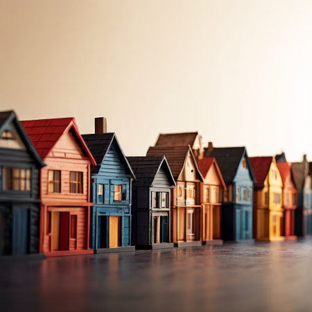Row of colorful miniature wooden houses on a reflective surfaceの素材