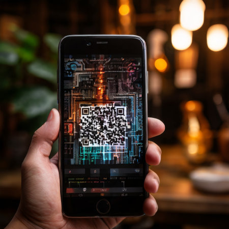 Hand holding smartphone displaying a QR codeの素材