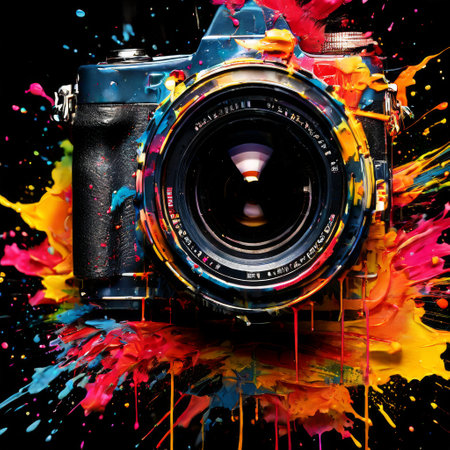 Creative camera covered in colorful paint splashes on black backgroundの素材