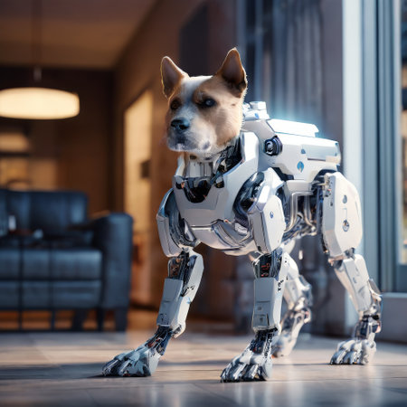 Robotic dog standing indoors with futuristic technologyの素材