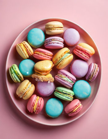 Assorted colorful macarons on pink backgroundの素材