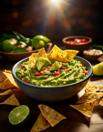 Fresh guacamole with tortilla chips and lime in a bowlの素材